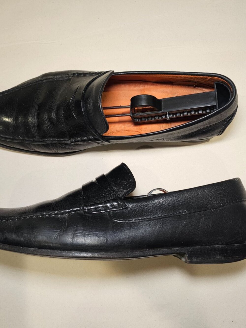 Santoni Black Leather Penny Loafers with Tan Lining